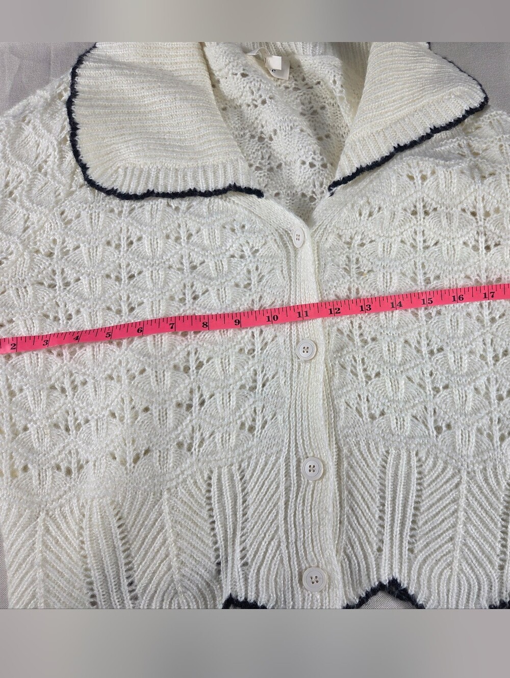 Böhme Ivory Pointelle Knit Scallop Hem Cardigan M - Picture 6 of 6
